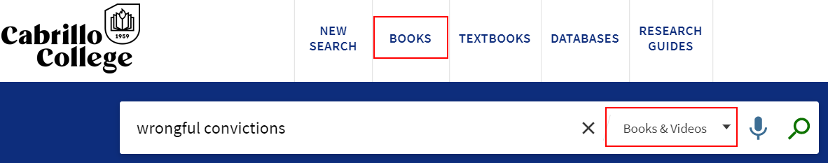 Cabrillo Library OneSearch offers features to limit your search to books, above the search box or after entering your search terms