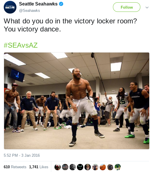 The real image is shown in a Tweet from the Seahawks, showing the NFL player doing a victory dance without a burning flag